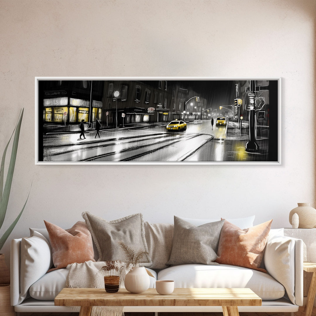 Rainy Night In City, People Crossing Street, Urban Canvas Art, Abstract City Art, Line Art City, Panoramic, Wall Art, Canvas Print