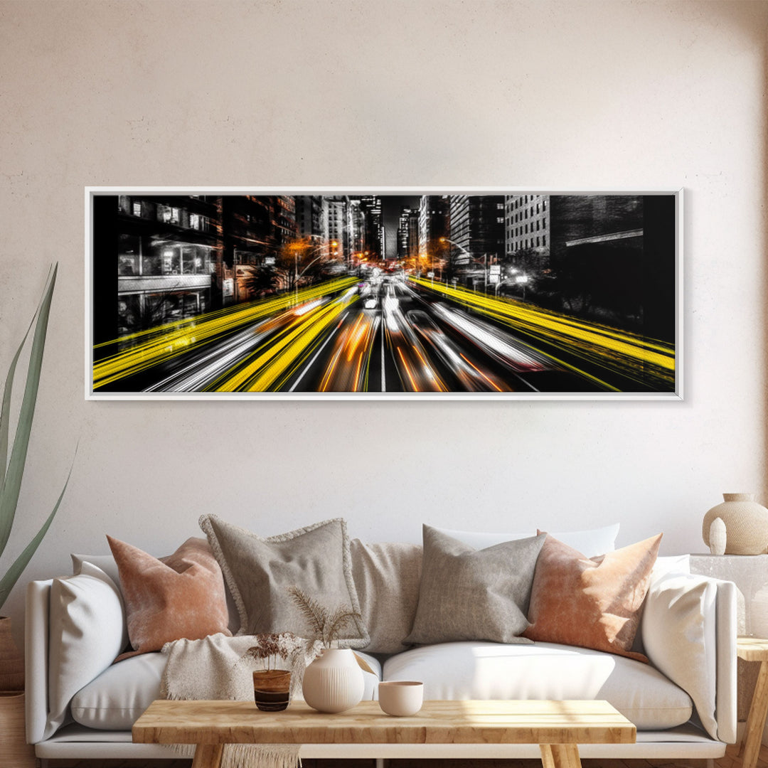 Long Exposure City Street Lights Wall Art, Urban Art Print, Night In The City, Streaks Of Light, Panoramic, Wall Art, Canvas Print