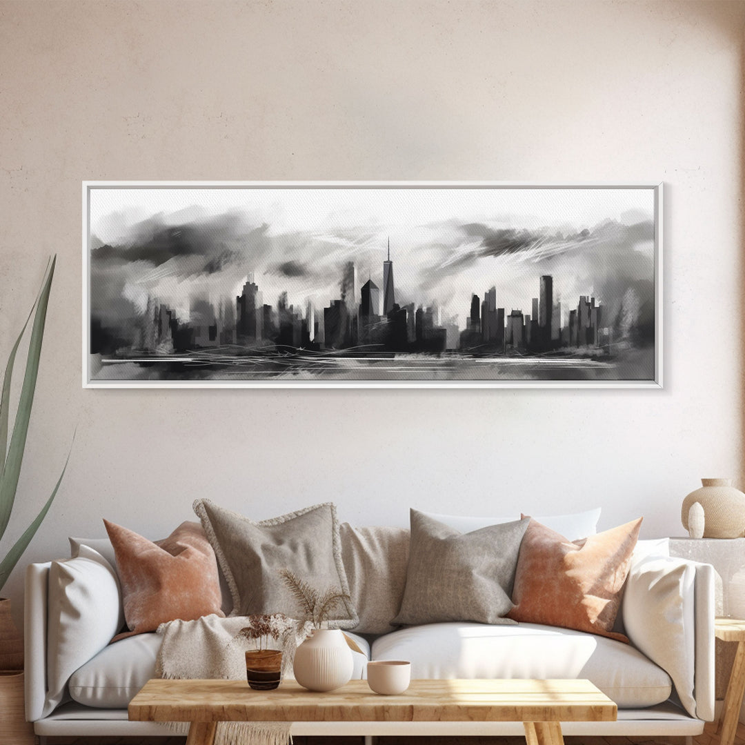 Abstract City Art, Cityscape Wall Art, City Skyline Wall Art, Black And White Urban Art Print, Wall Decor, Panoramic, Wall Art, Canvas Print