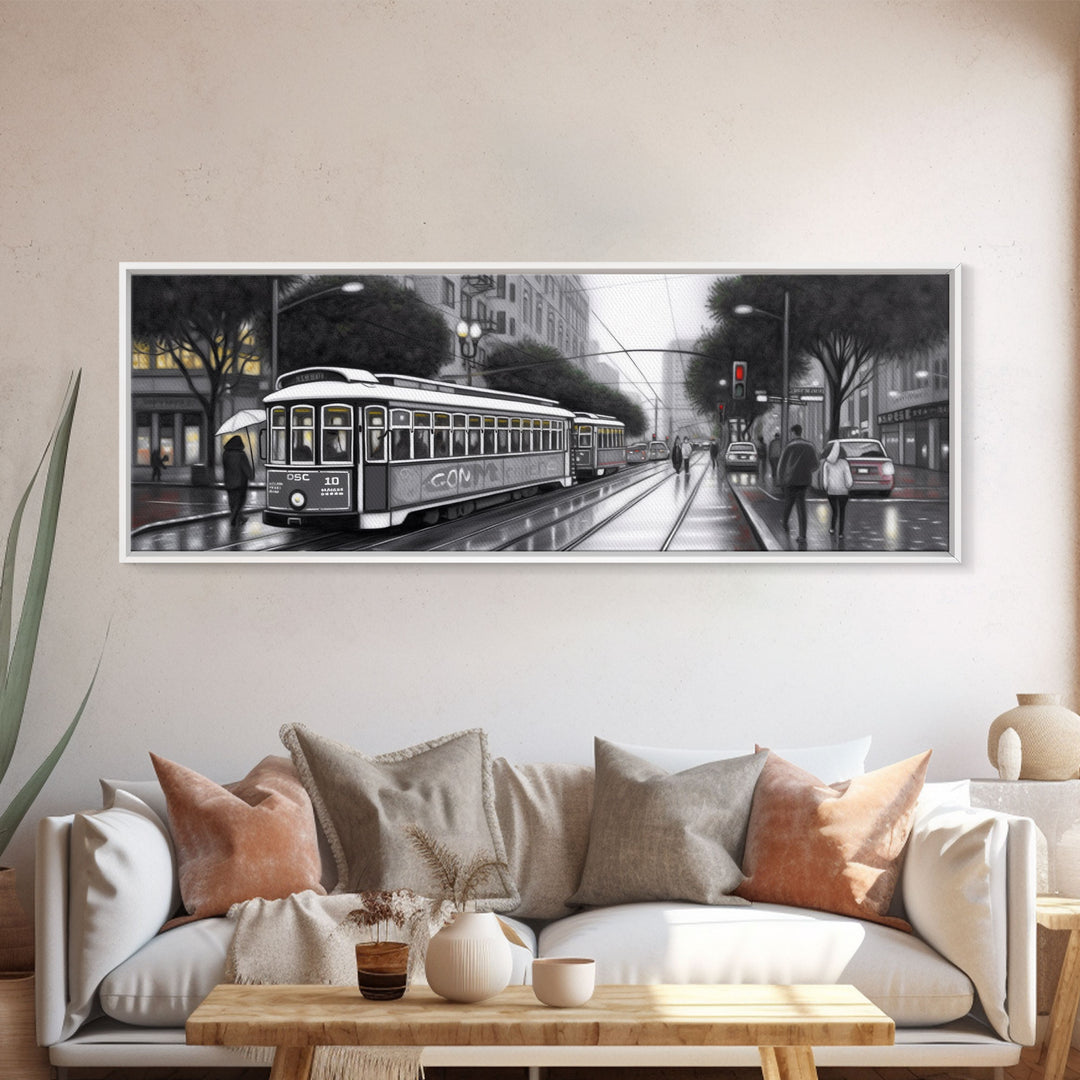 Tram In The City Canvas Print, Large Urban Art Print, City Art, Cityscape, Streetcar Wall Decor, Panoramic, Wall Art, Canvas Print