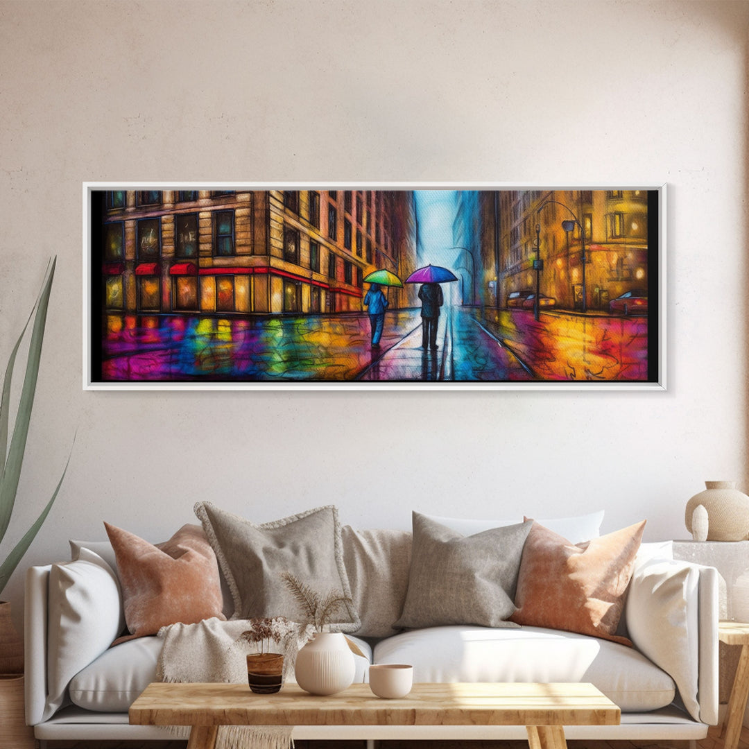 Colorful Umbrellas City Canvas Print, Large Urban Art Print, Two People Walking On Street, Vibrant Art, Panoramic, Wall Art, Canvas Print