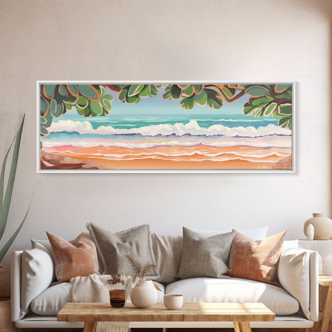 Beach Shore Art Canvas Print, Green Leaves, Canvas Beach Wall Art, Ocean Waves, Beach Sand Wall Art, Panoramic, Wall Art, Canvas Print