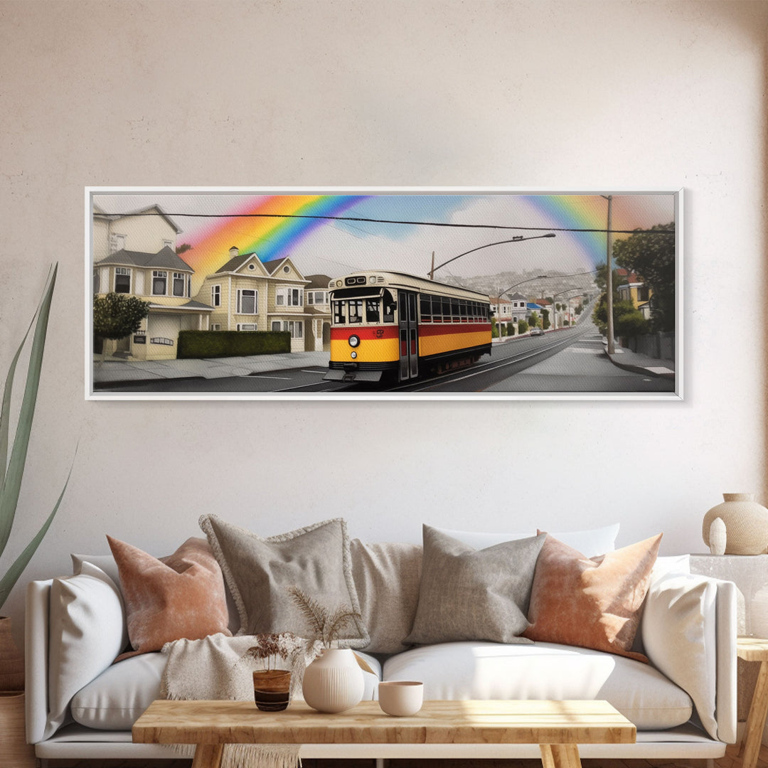 Rainbow Streetcar Canvas Print, Street Wall Decor, Urban Art, Large Canvas Print, Framed Art, Wall Decor, Panoramic, Wall Art, Canvas Print