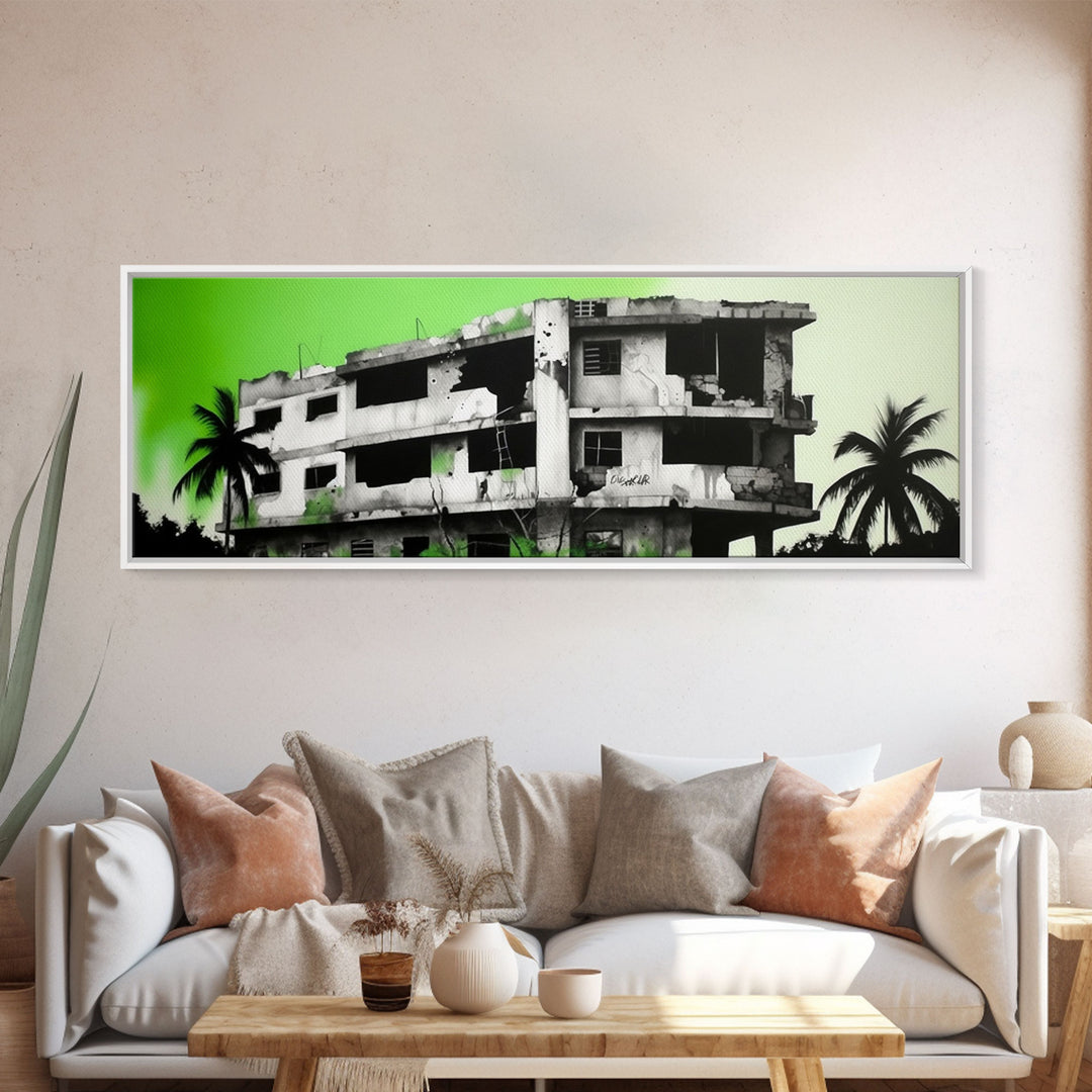 Torn Down Building Art Print, Ruins, Abandoned Structure, Green Background, Large Framed Canvas Print, Panoramic, Wall Art, Canvas Print