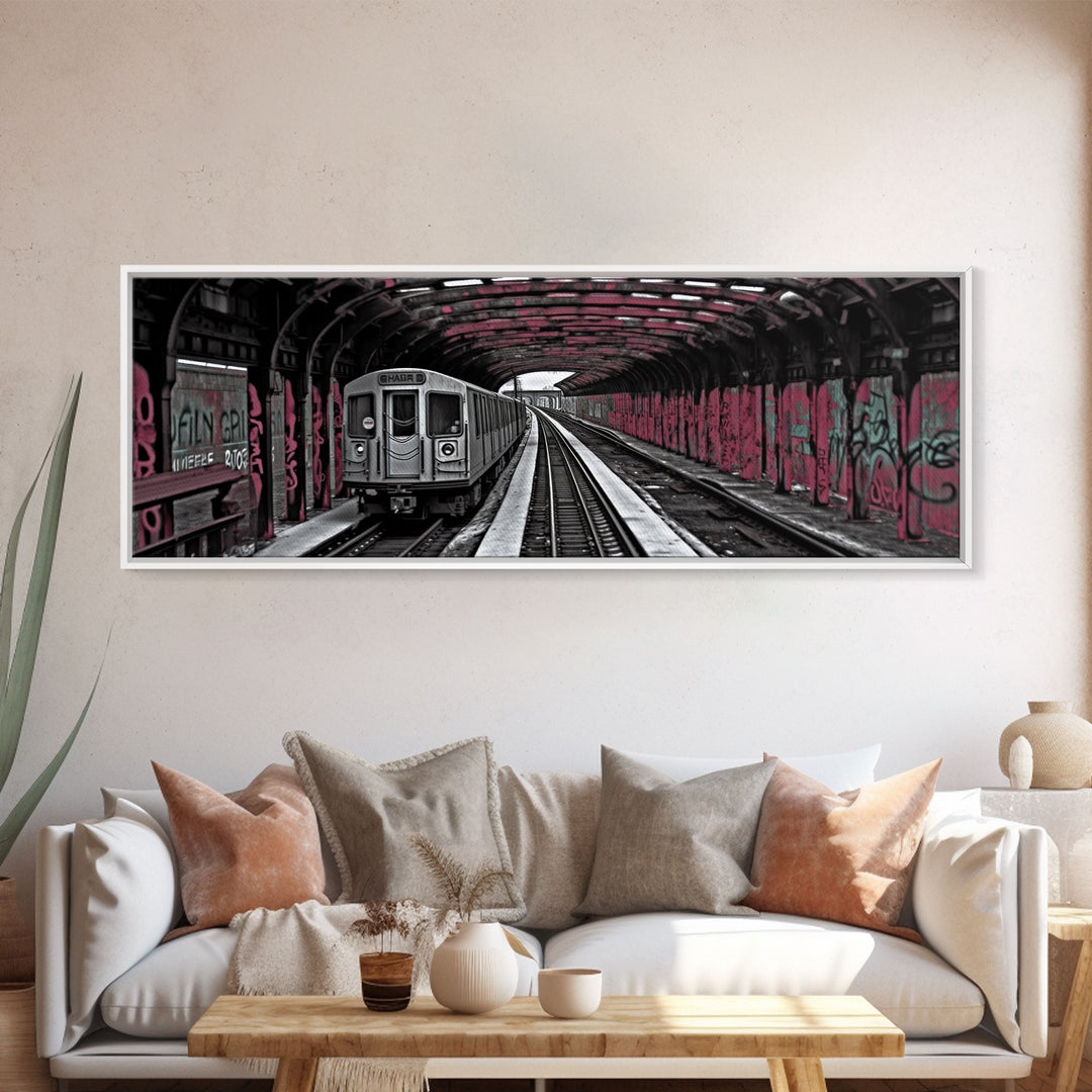 Pink Graffiti On Subway Train, Urban Art, Urban Canvas Art, Graffiti Art Canvas, Framed Canvas Print, Panoramic, Wall Art, Canvas Print