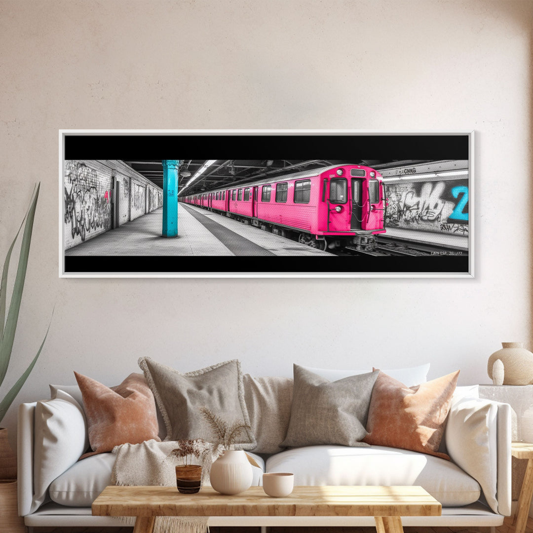 Graffiti On Subway Station, Graffiti Art Canvas, Pink Train, Wall Decor, Urban Art, Framed Canvas Print, Panoramic, Wall Art, Canvas Print