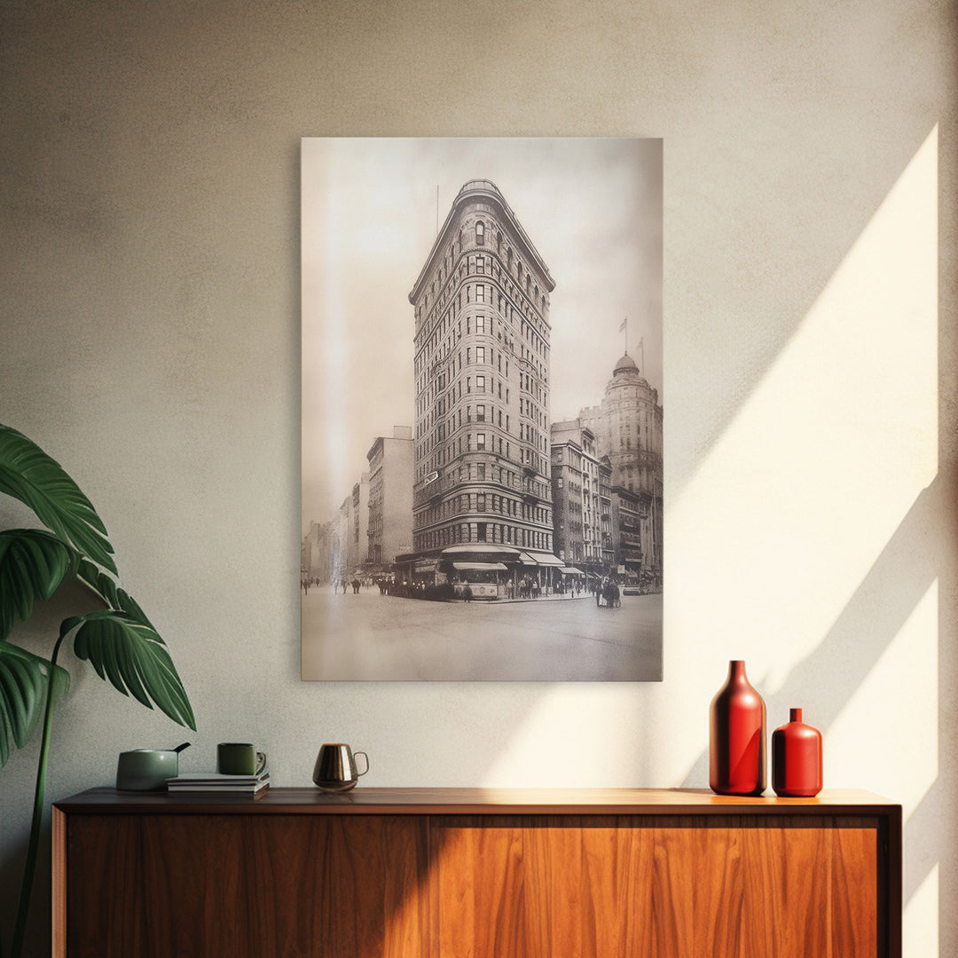 NYC Flat Iron, New York City Art, Framed Canvas Print, Charcoal Drawing, Original Art, Wall Decor, Black And White Art