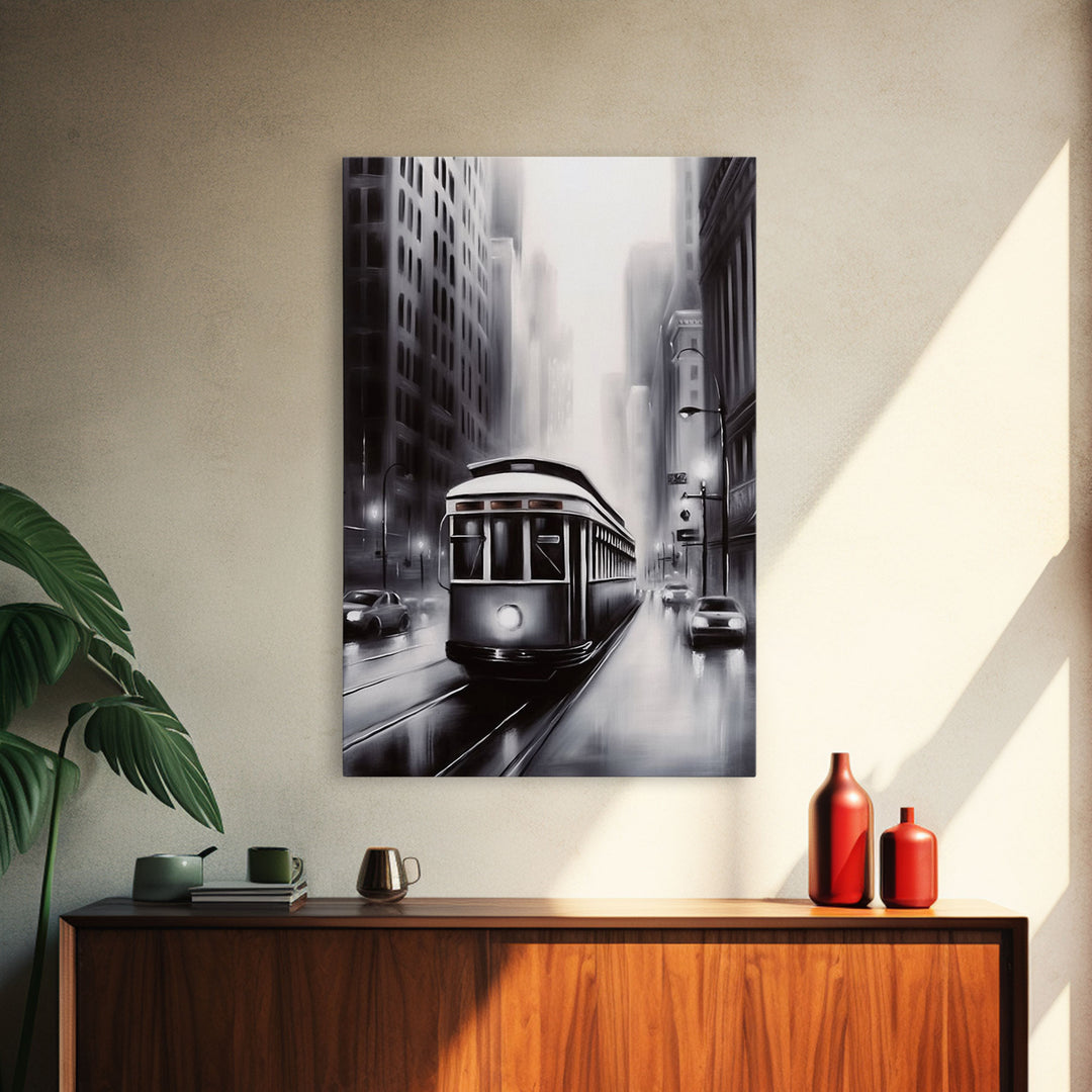 Brooklyn Street Car Trolley, Framed Canvas Print, Retro Charcoal Drawing of NYC in The Rain