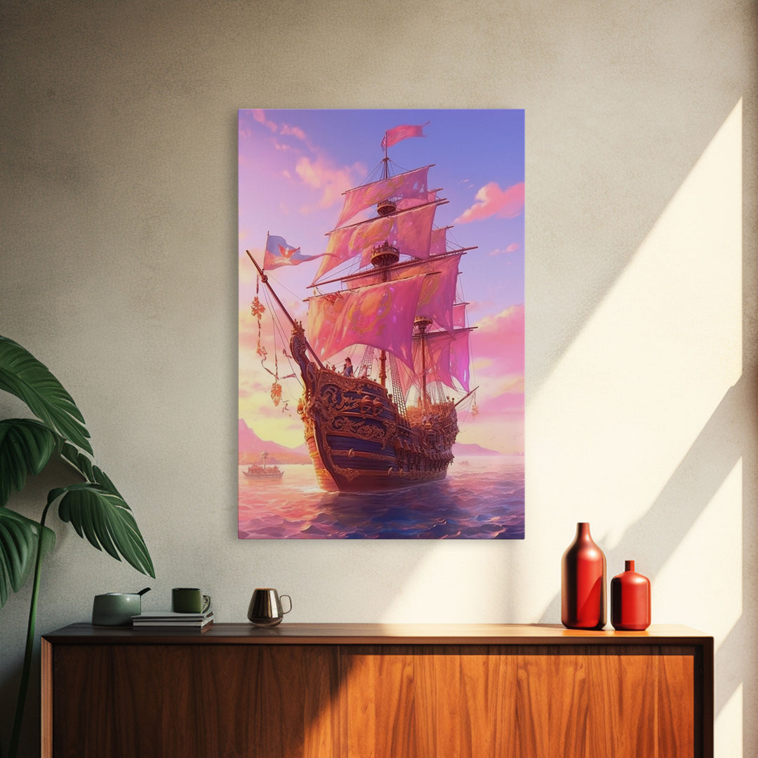 Gothic Pirate Ship at Sunset, Framed Canvas Print, Fantasy Wall Art, Wall Decor, Pirate Wal Art, Gift For Him, Kid's Room Art