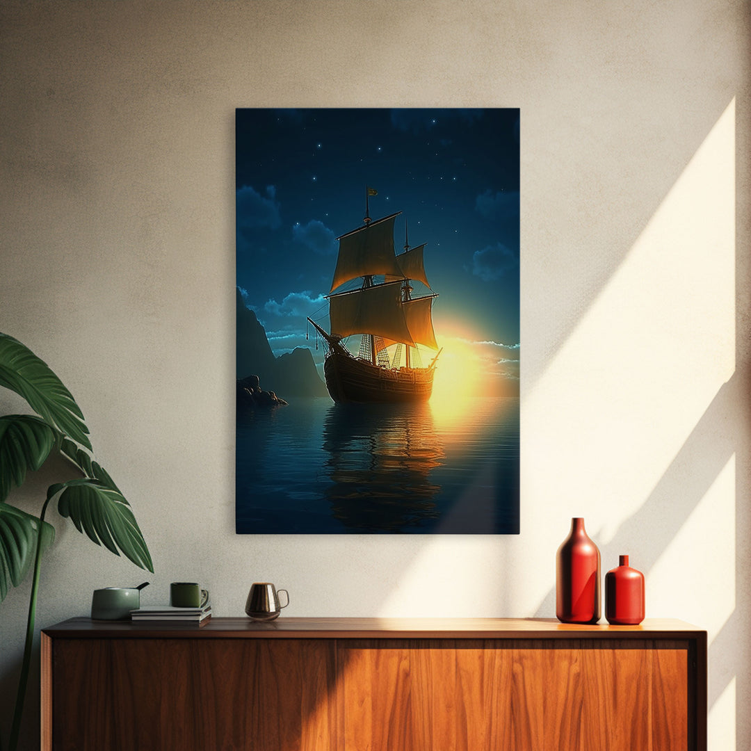 Gothic Pirate Ghost Ship, Framed Canvas Print, Fantasy Wall Art, Wall Decor, Pirate Wal Art, Gift For Him, Kid's Room Art