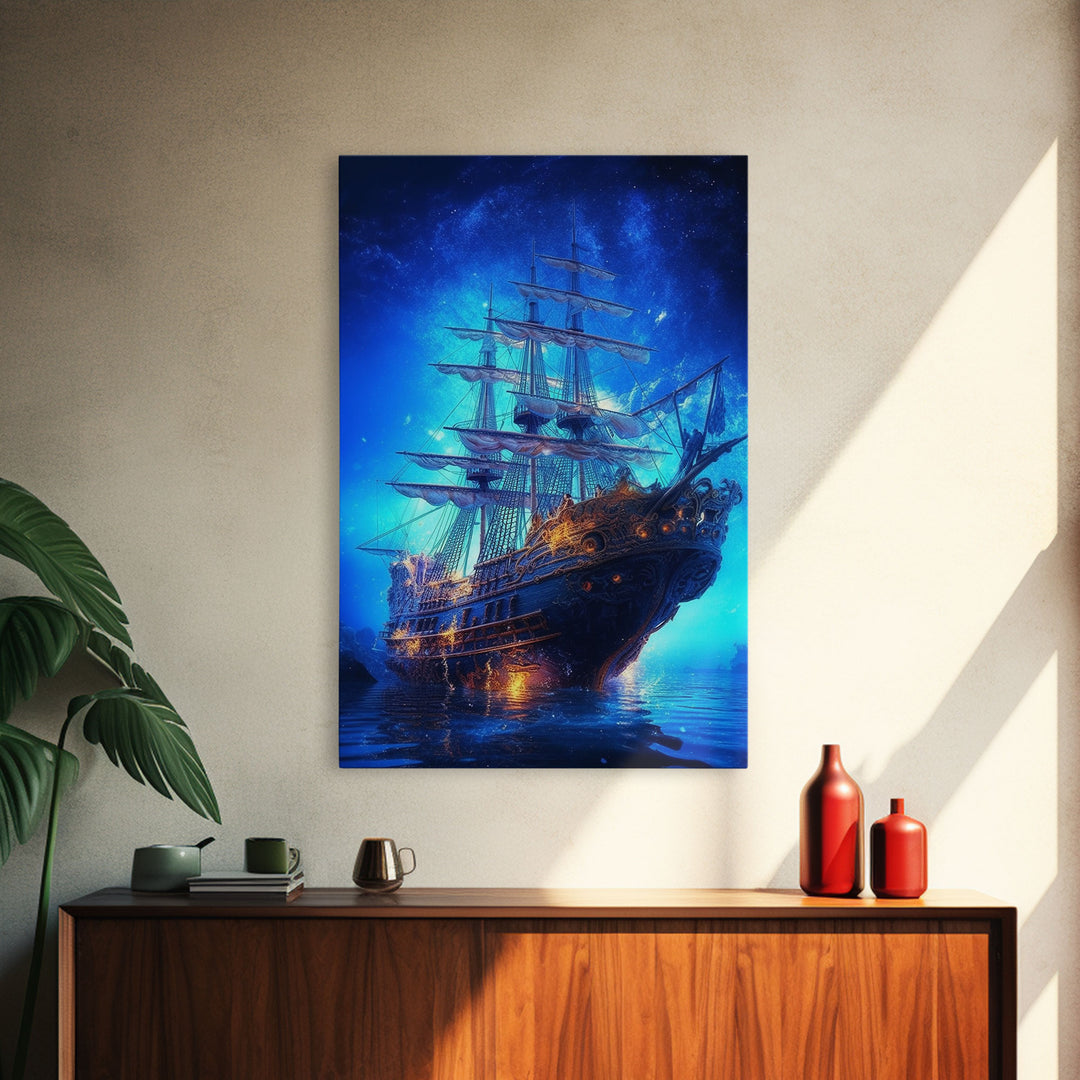 Haunted Pirate Ghost Ship Under The Night Sky, Framed Canvas Print, Fantasy Wall Art, Wall Decor, Pirate Wal Art, Gift For Him, Kid's Room