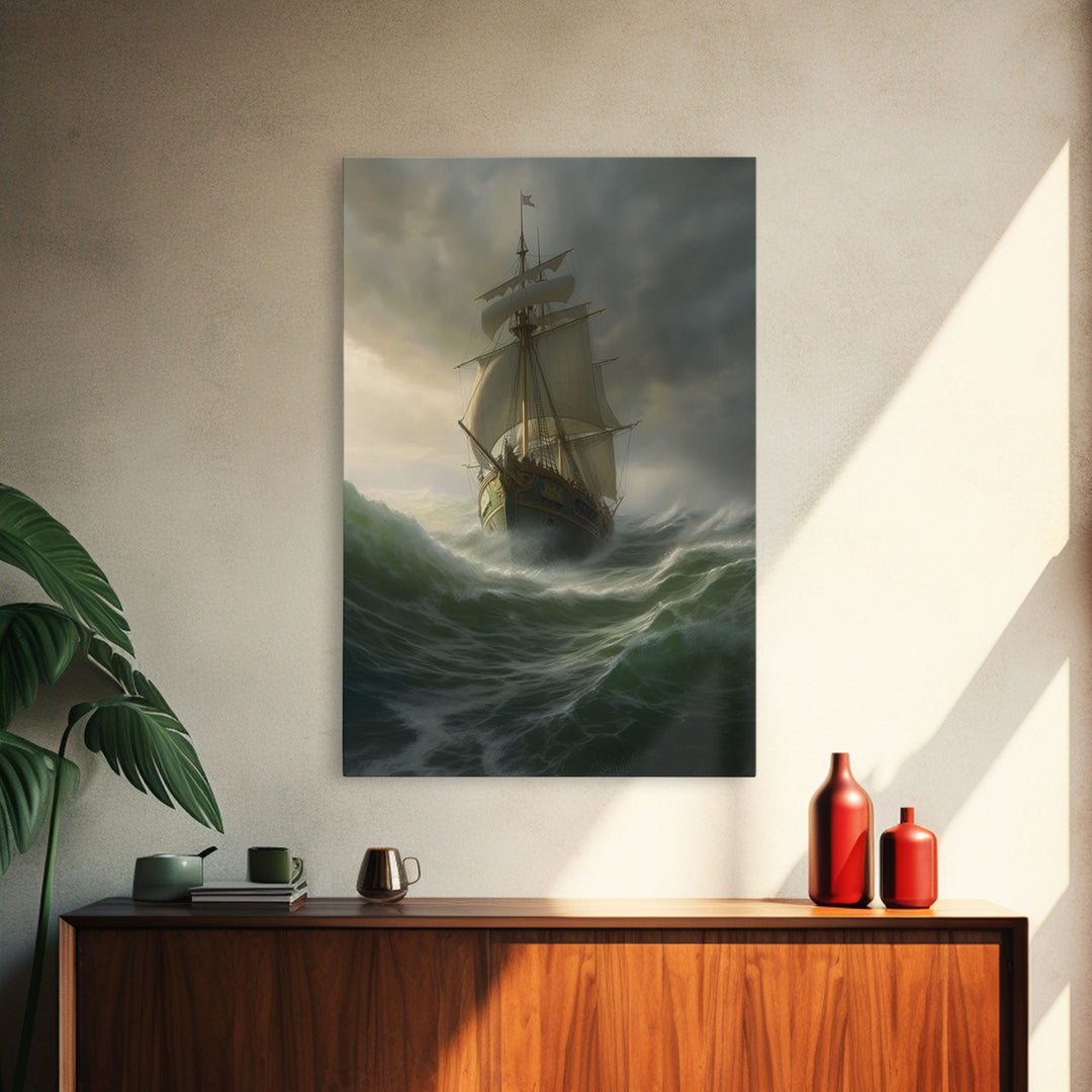 Haunted Pirate Ghost Ship On Rough Seas, Framed Canvas Print, Fantasy Wall Art, Wall Decor, Pirate Wal Art, Gift For Him, Kid's Room