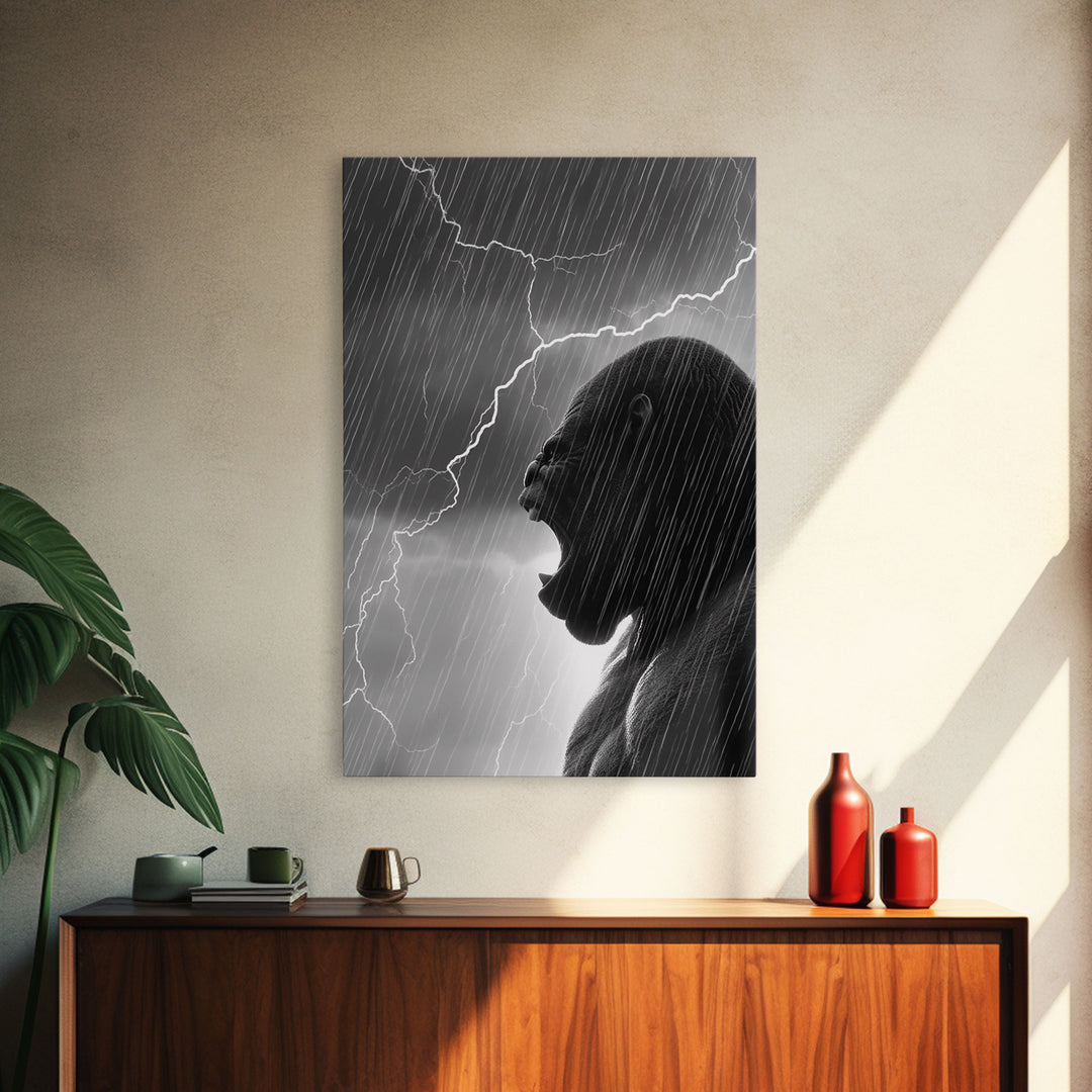 Gorilla Roaring In A Thunder Storm, Framed Canvas Print, Cool Wall Art, Ape Art