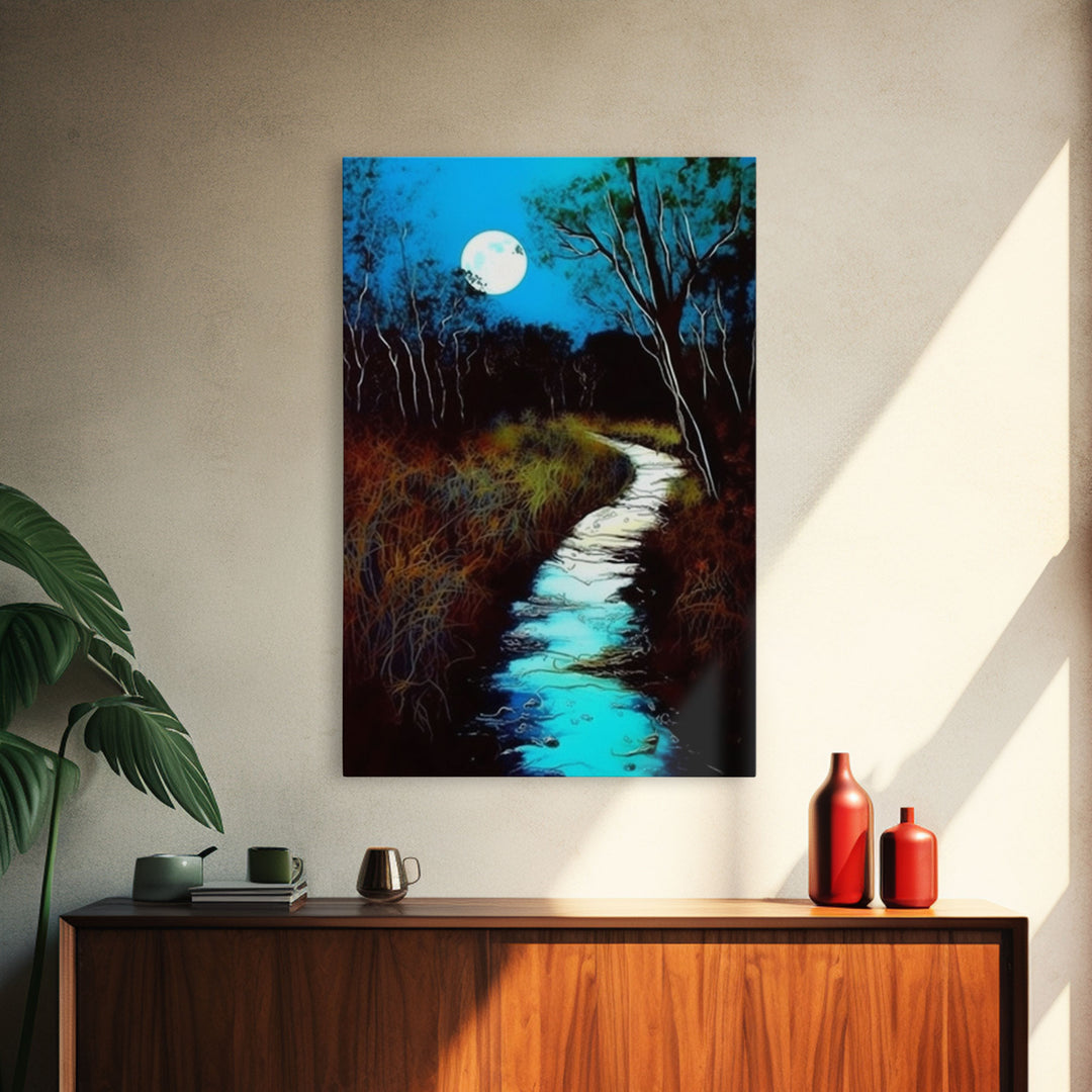 Spooky Art, Full Moon Over a Calm Stream At Night, Framed Canvas Print, Nature / Landscape Painting