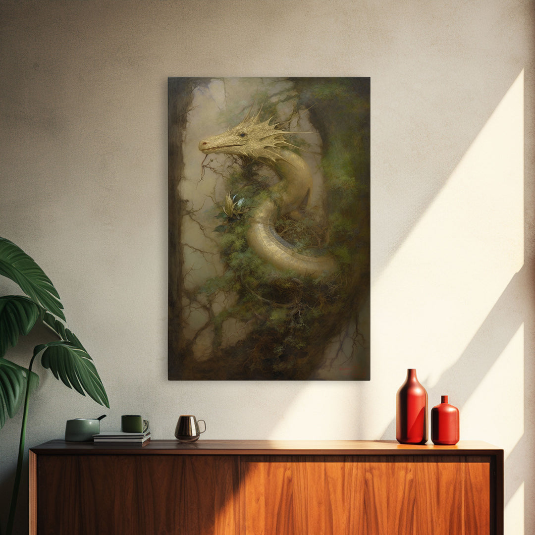 Majestic Green Dragon Wall Art, Framed Canvas Print, Dragon Fantasy Painting, Garden Dragon Abstract Fantasy Art