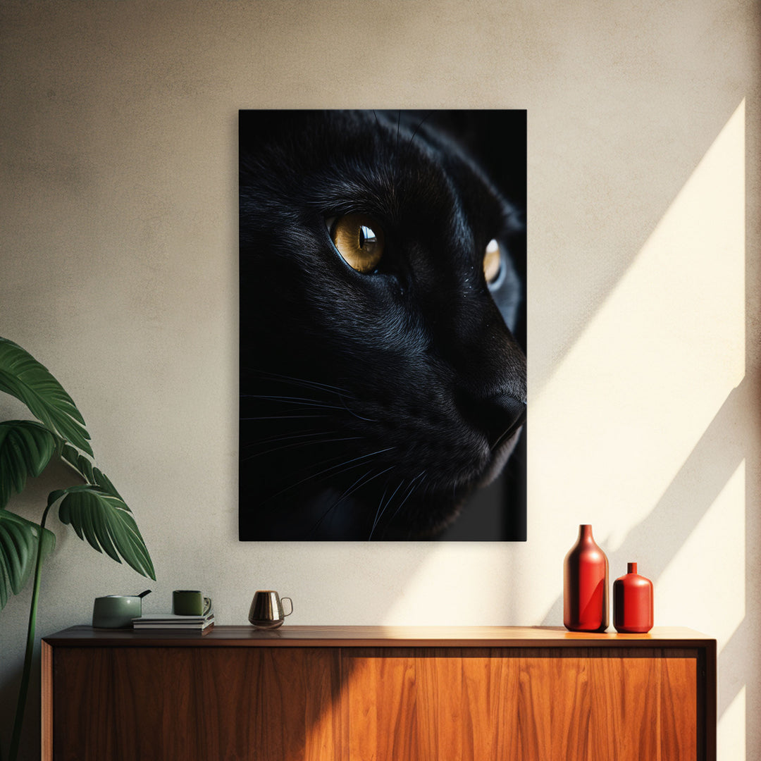 Beautiful Black Cat Portrait, Cat Photography, Framed Canvas Print, Framed Art, Halloween Witch Cat Art