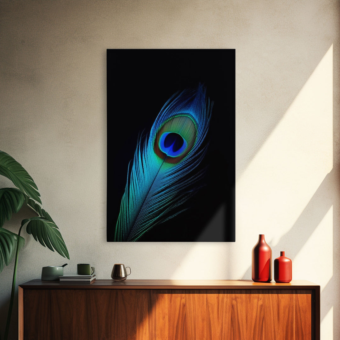 A Lone Peacock Feather, Framed Canvas Print, Feather Photography, Beautiful & Colorful Peacock Art