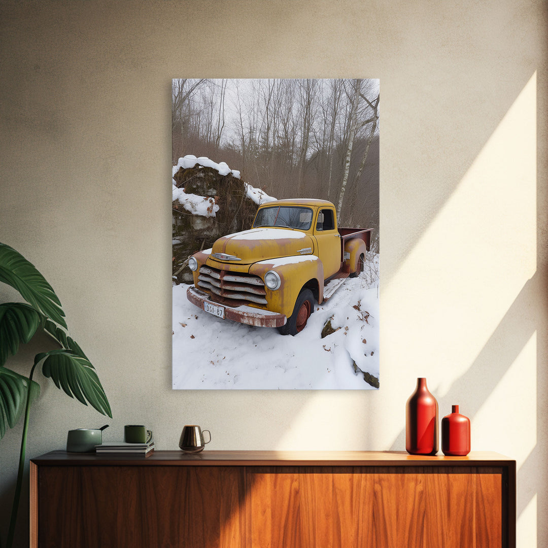 Vintage Snow Covered Chevy Truck, 1950s Truck, Framed Canvas Print, Rusty Truck Photography