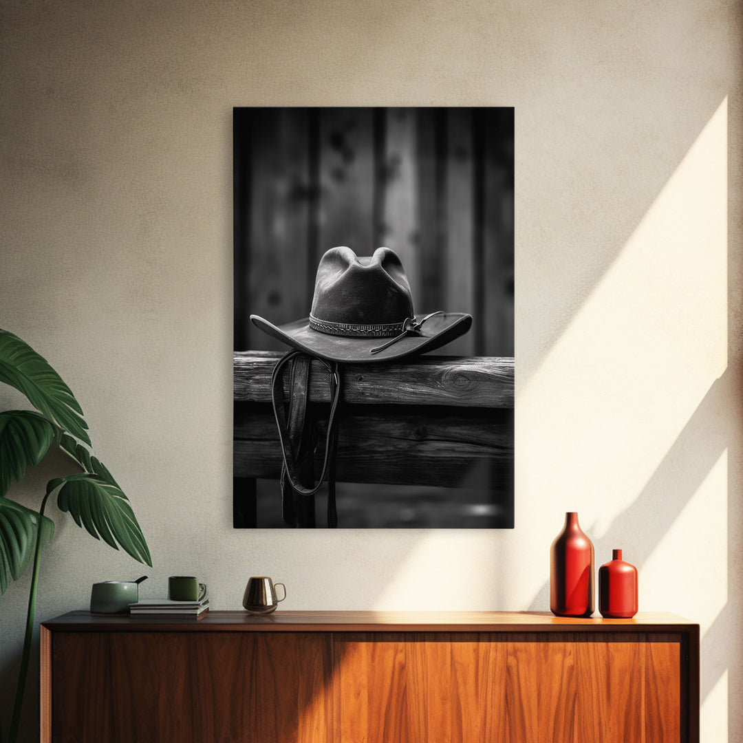 Cowboy Hat Print, Western Wall Art, Black And White, Minimalist Art, Wall Decor, Canvas Art, Wall Art, Framed Canvas Wall Decor