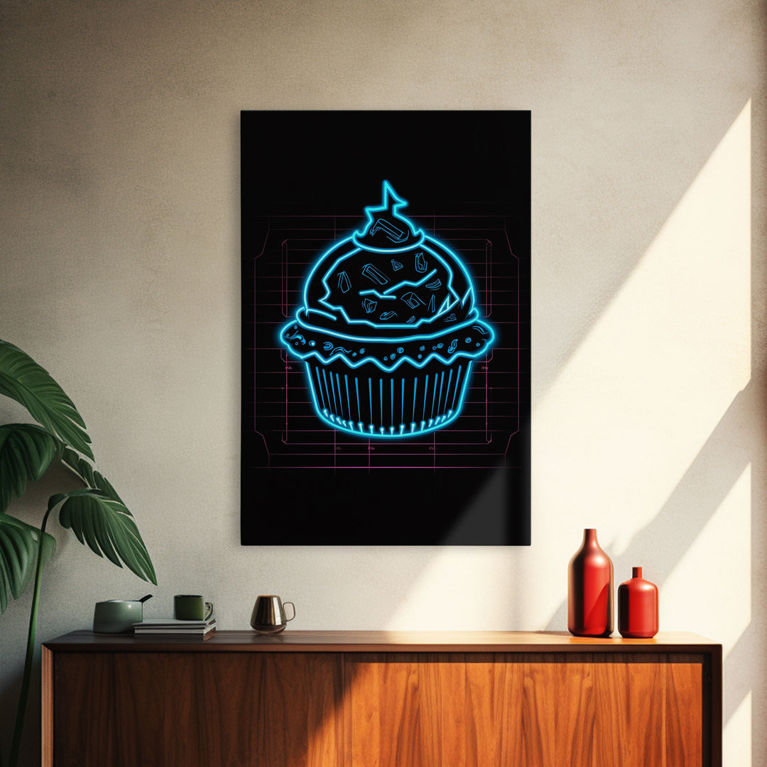 Teal Neon Lights Cupcake Wall Decor, Kitchen Wall Art, Glowing Art, Minimalist Print, Wall Decor, Canvas Print, Wall Art, Framed Canvas