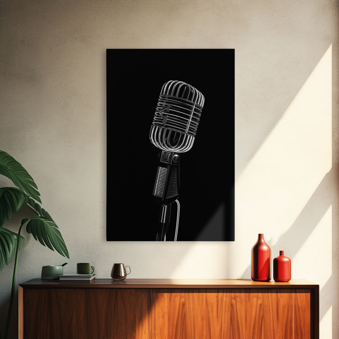 Silver Retro Microphone Wall Art, Mic Wall Art, Music Room Wall Art, Minimalist Print, Wall Decor, Canvas Print, Wall Art, Framed Canvas