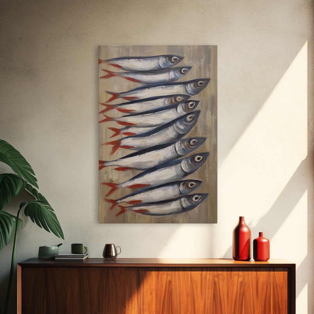 Fish Wall Art, Sardines Painting, Food Wall Decor, Kitchen Wall Art, Minimalist Wall Art, Wall Decor, Canvas Print, Wall Art, Framed Canvas