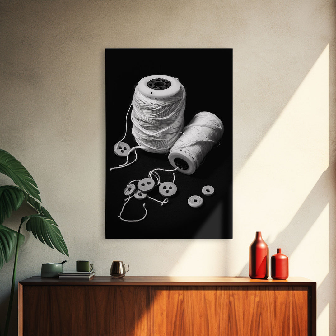 Thread And Buttons Wall Art, Sewing Room Wall Art, Black And White, Minimalist Print, Wall Decor, Canvas Print, Wall Art, Framed Canvas