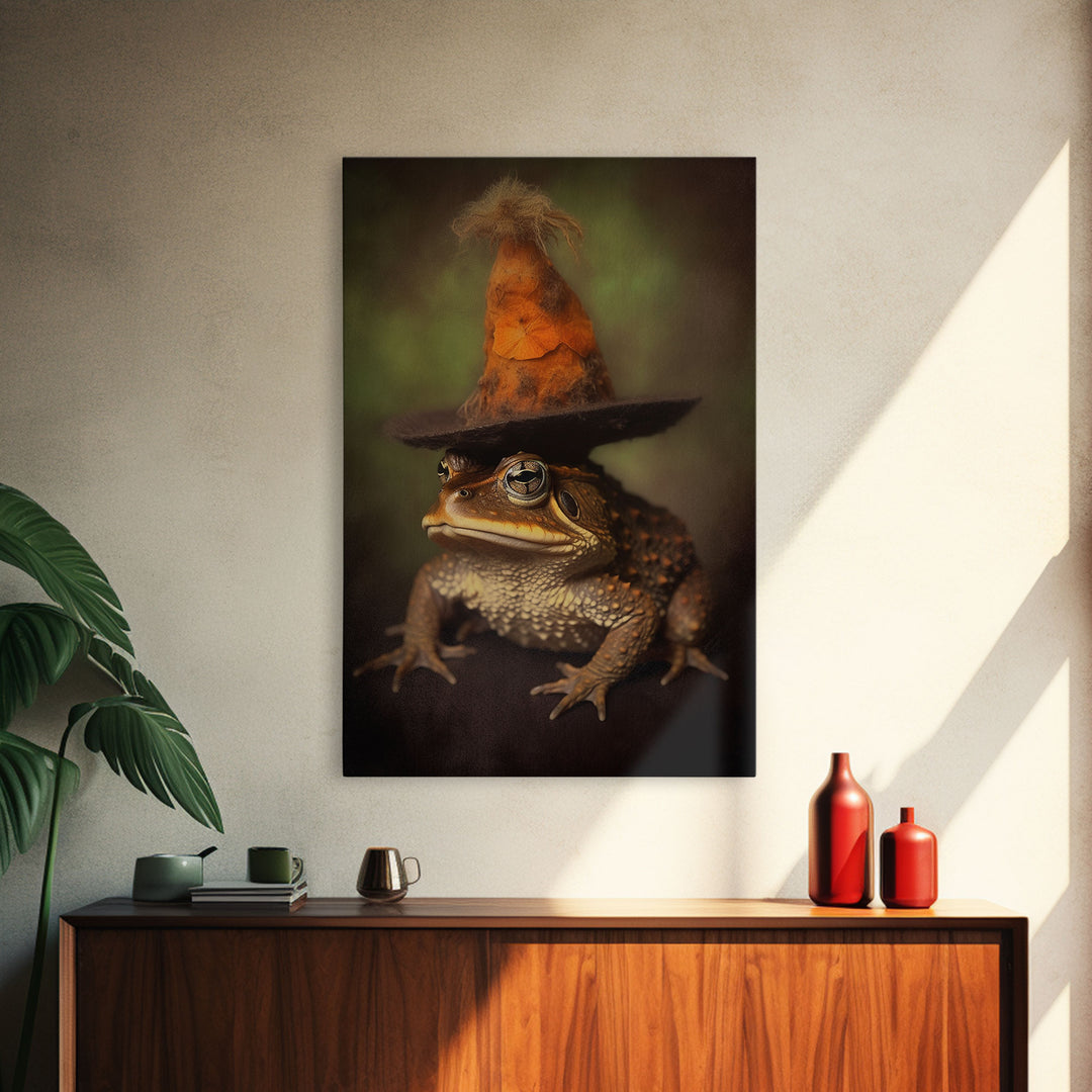 Frog Wall Art, Frog Wearing Witch Hat, Funny, Animal Wall Art, Nature, Modern Print, Wall Decor, Canvas Print, Wall Art, Framed Canvas