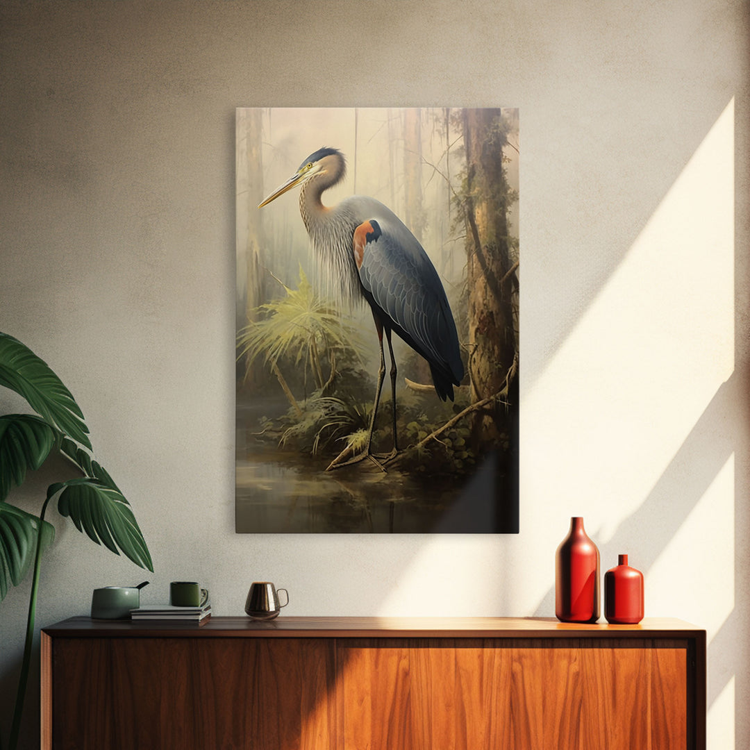 Bird Wall Art, Heron Art Print, Heron In Pond, Nature Wall Decor, Modern Print, Wall Decor, Canvas Print, Wall Art, Framed Canvas