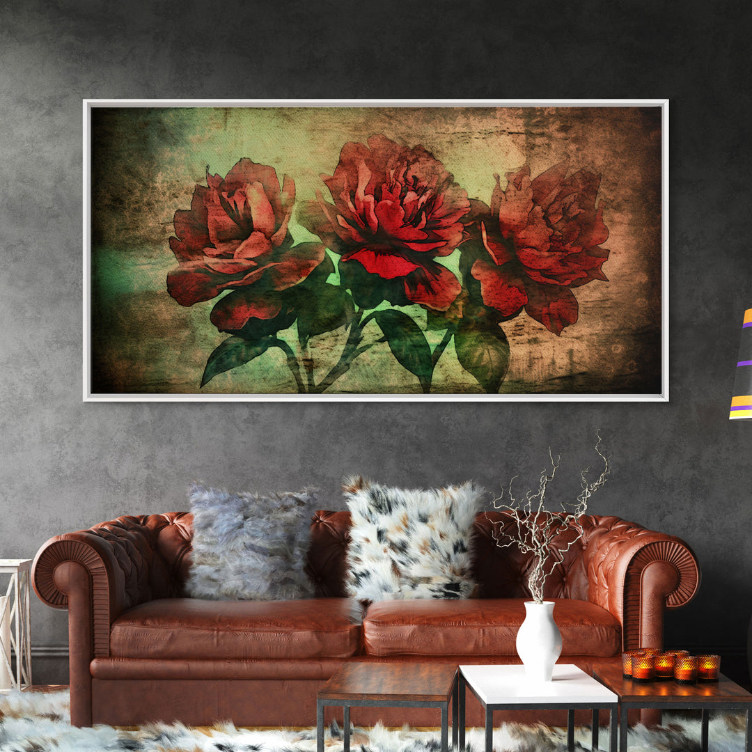 Roses Wall Decor, Floral Wall Art, Three Roses, Nature Print, Panoramic Wall Decor, Canvas Print, Wall Art, Framed Canvas Art