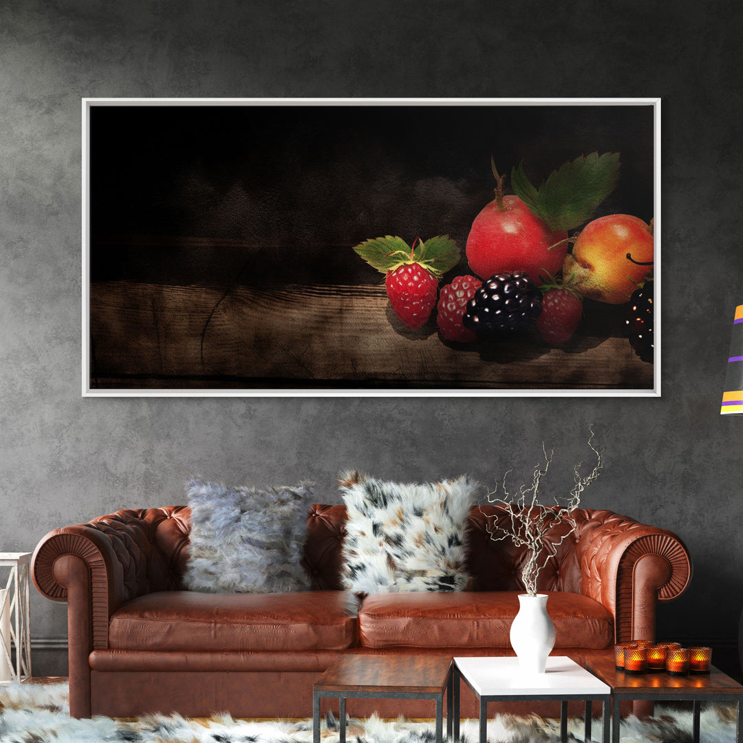 Fruits Wall Art, Food Art, Strawberries, Peach, Kitchen Wall Decor, Panoramic Wall Decor, Canvas Print, Wall Art, Framed Canvas Art