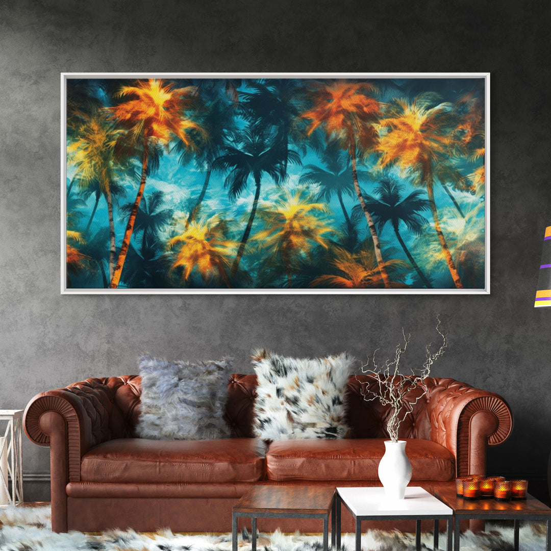 Abstract Tropical Wall Art, Palm Trees Wall Decor, Blue Abstract Art, Panoramic Wall Decor, Canvas Print, Wall Art, Framed Canvas Art