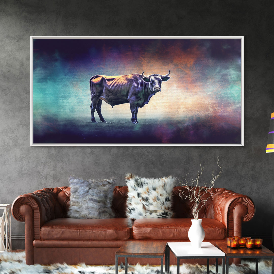 Bull Wall Art, Animal Wall Art, Nature Art, Minimalist Art, Panoramic Wall Decor, Canvas Print, Wall Art, Framed Canvas Art