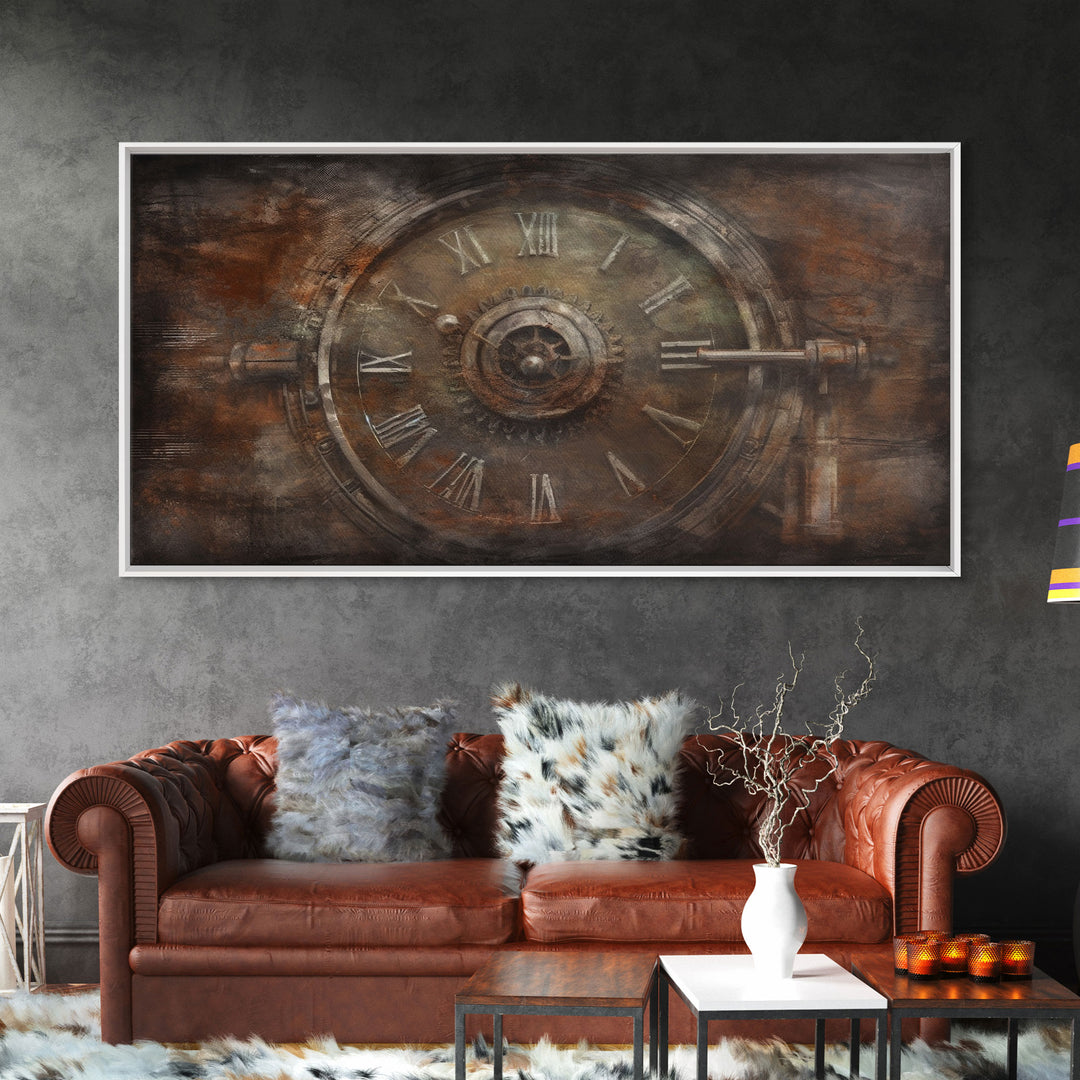 Clock Wall Decor, Steampunk Wall Art, Brown Grunge Wall Art, Panoramic Wall Decor, Canvas Print, Wall Art, Framed Canvas Art