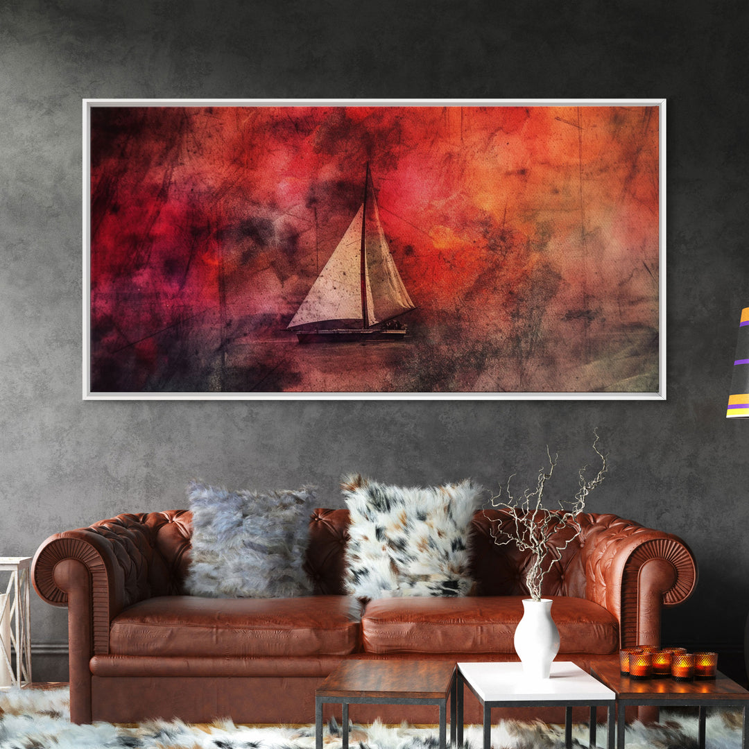 Abstract Sailboat Wall Decor, Ocean Wall Art, Boat Wall Art, Red Wall Decor, Panoramic Wall Decor, Canvas Print, Wall Art, Framed Canvas Art