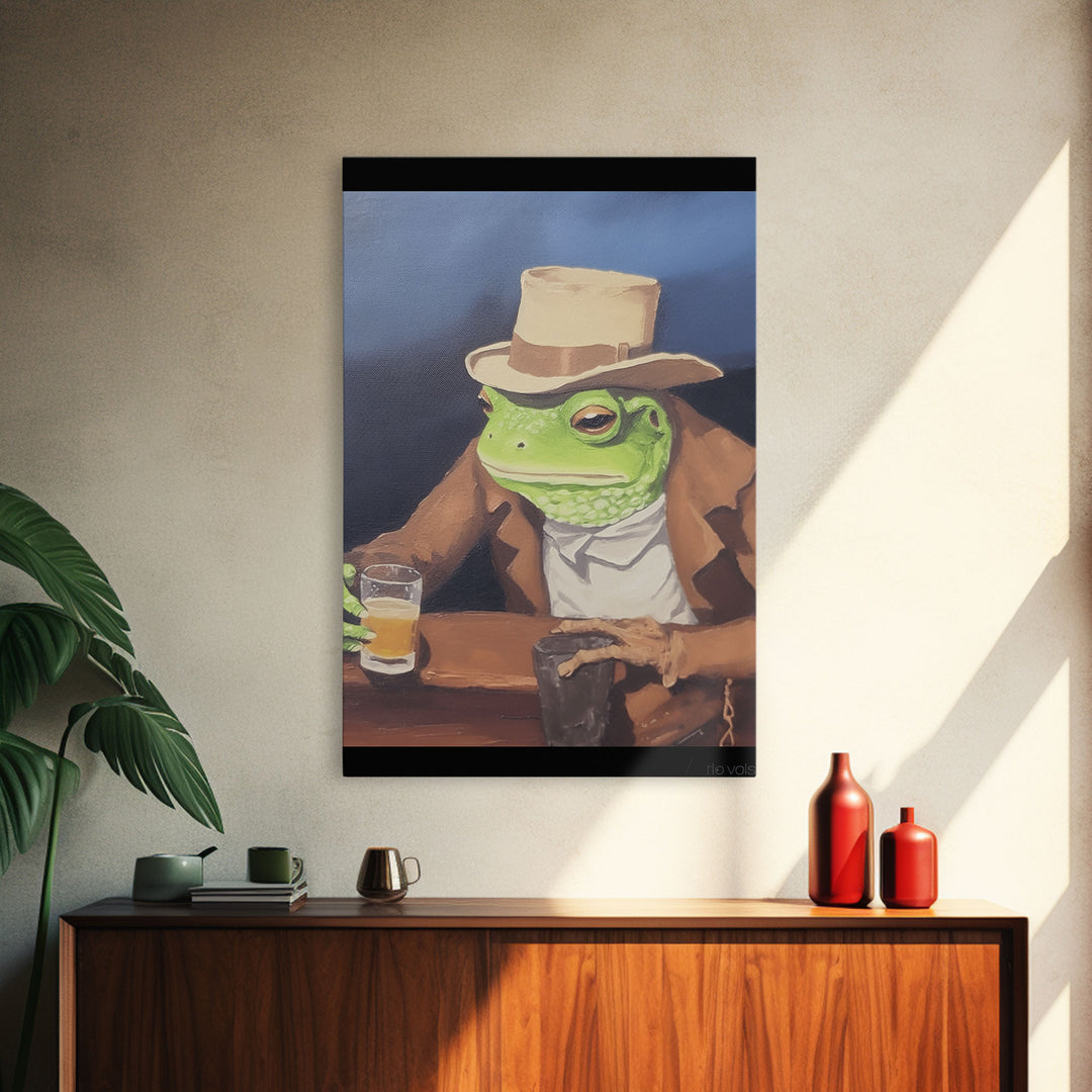 Sad Cowboy Frog Havin' a Beer, Cowboy Frog Framed Canvas Print