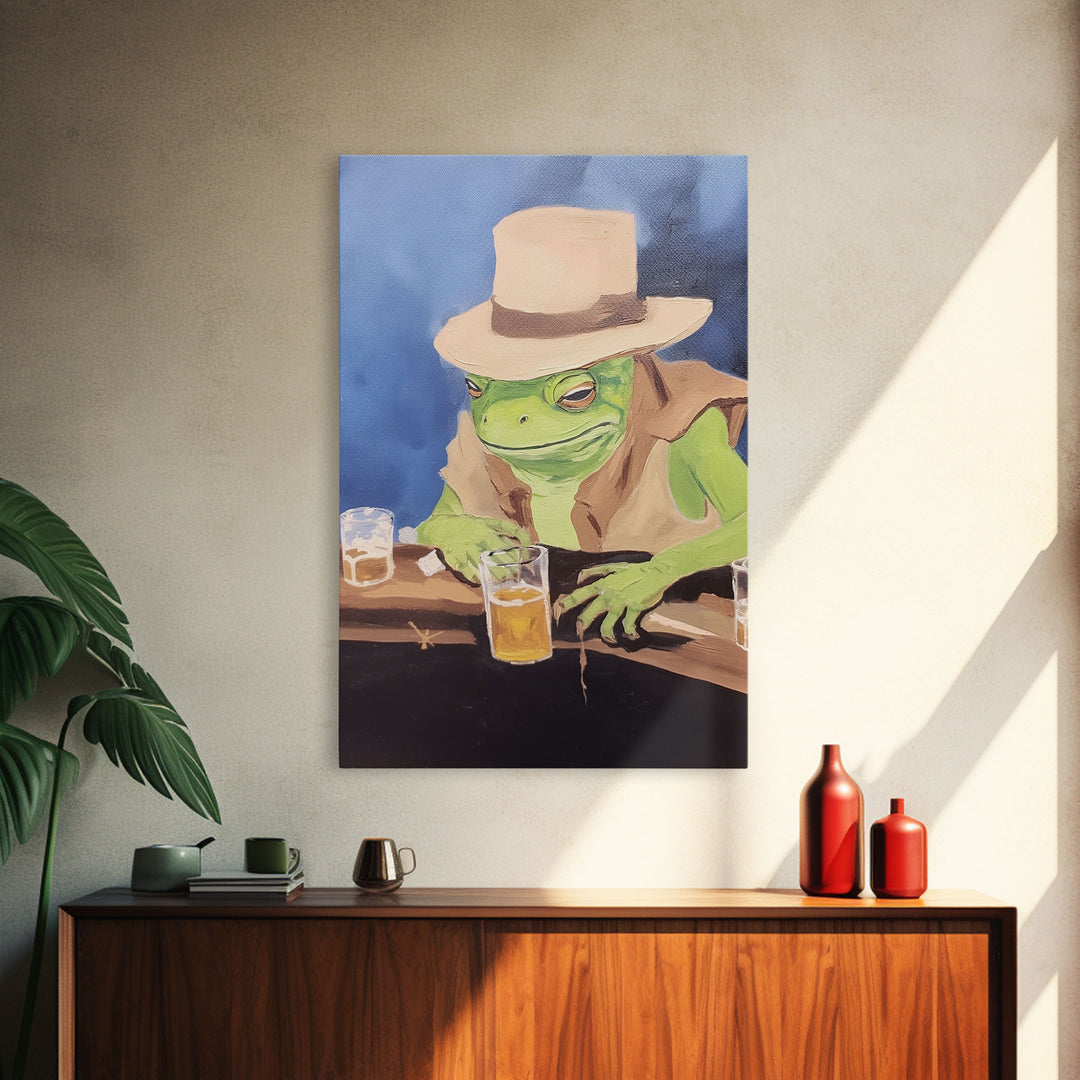 Sad Cowboy Frog Havin' a Beer, Cowboy Frog Framed Canvas Print