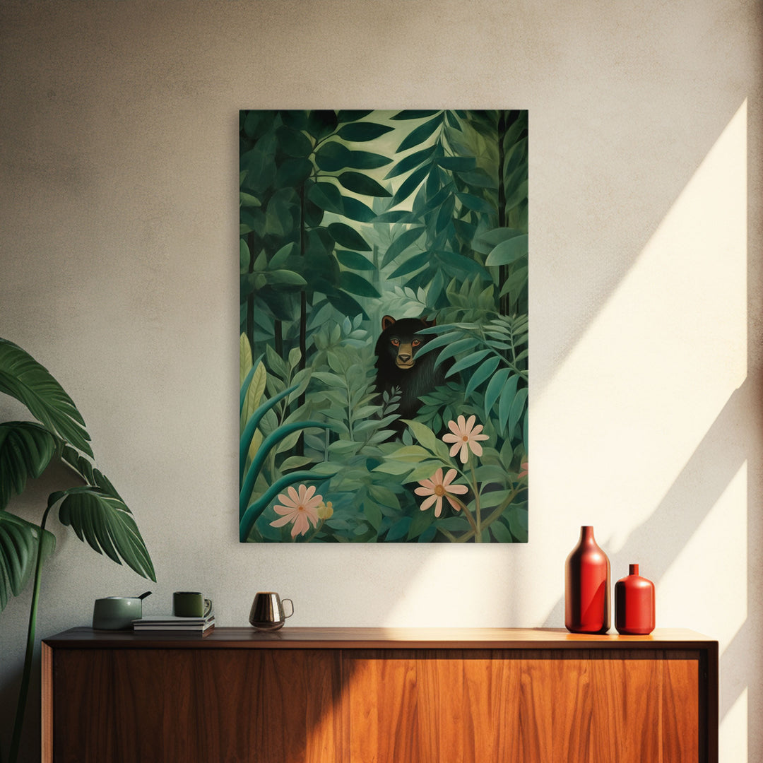 Rousseau Inspired Botanical Print, Framed Canvas Art, Bear Hiding In The Jungle, Dark Green Wall Art, Emerald Green Wall Art, Poster Print