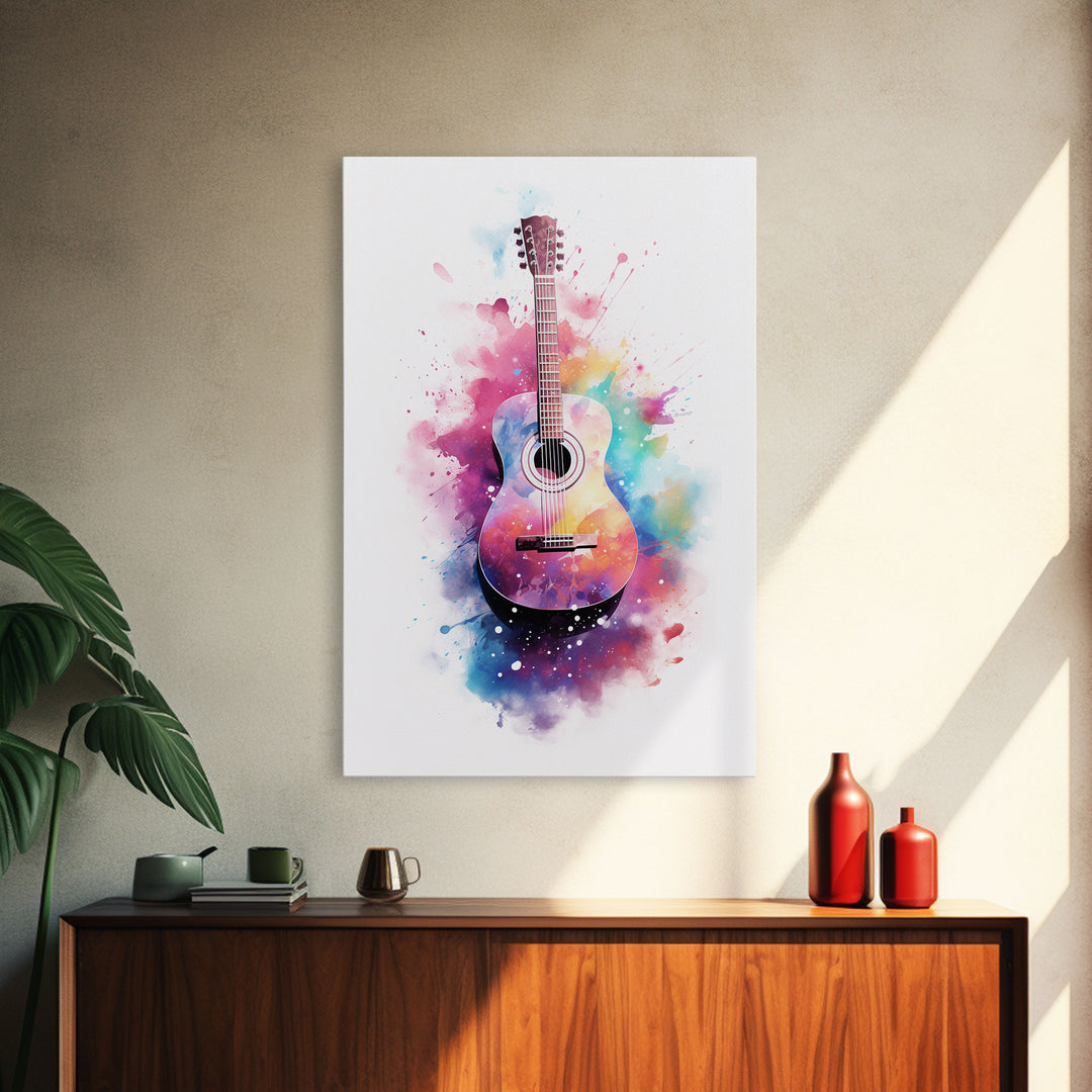 Acoustic Guitar Graffiti Art, Framed Canvas Print, Guitar Poster, Guitar Wall Art, Guitar Light, Gifts For Him, Watercolor Art, Music Art