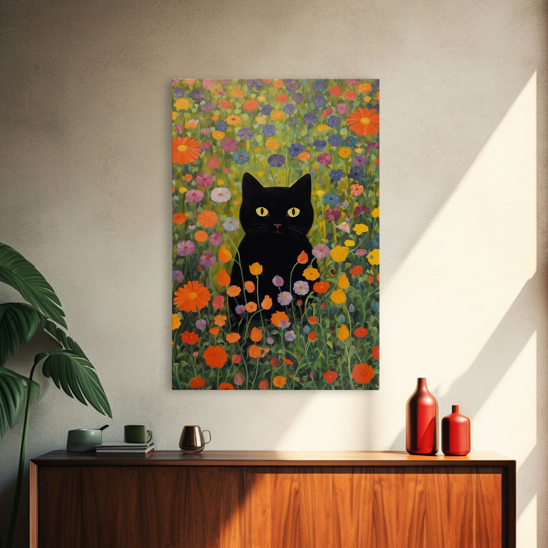 Gustav Klimt Inspired Garden Cat, Funny Black Cat Art, Framed Canvas Print, Fine Art Poster, Cute Cat Art, Funny Gift, Funny Cat Prints