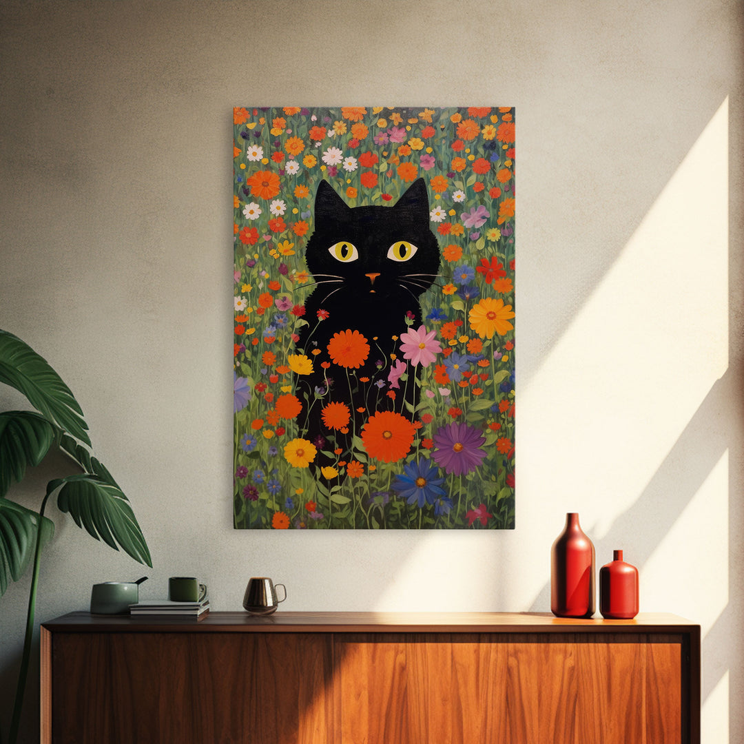 Gustav Klimt Inspired Garden Cat, Funny Black Cat Art, Framed Canvas Print, Fine Art Poster, Cute Cat Art, Funny Gift, Funny Cat Prints