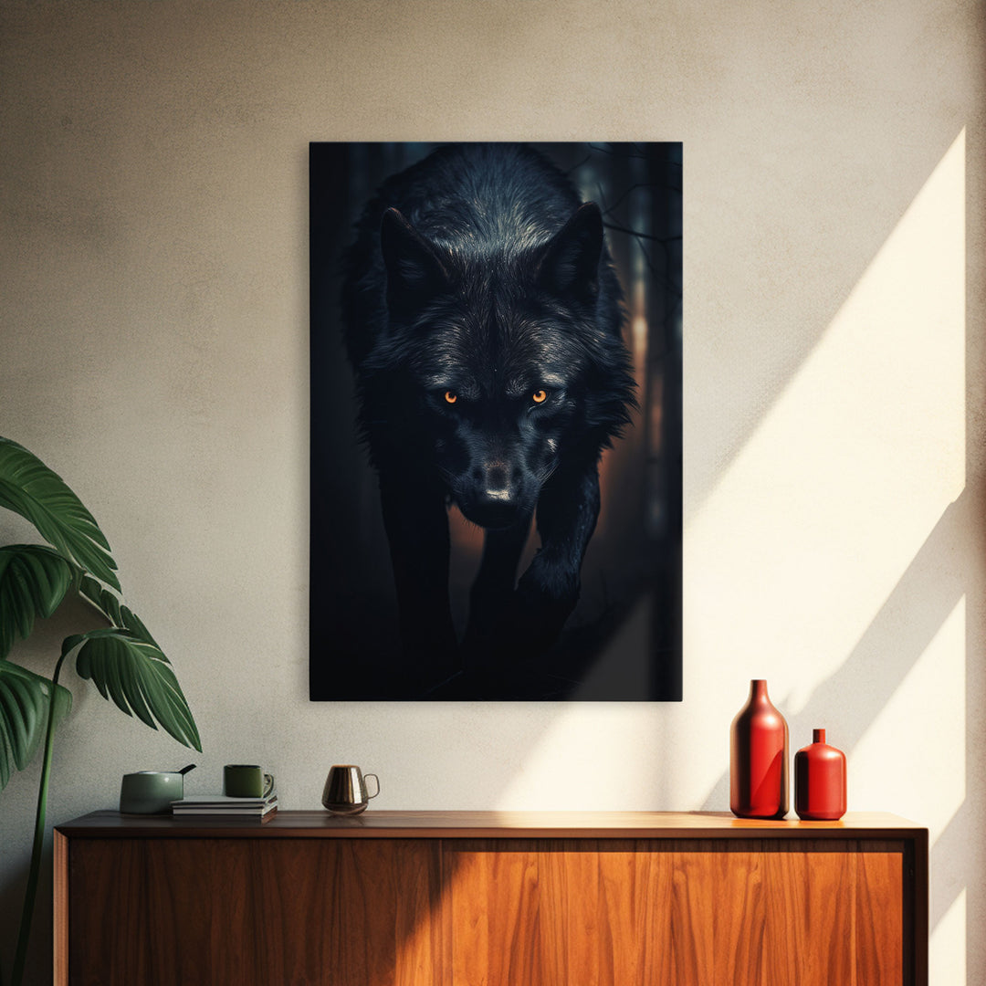 Wolf Print, Black Wolf On The Hunt, Framed Canvas Art