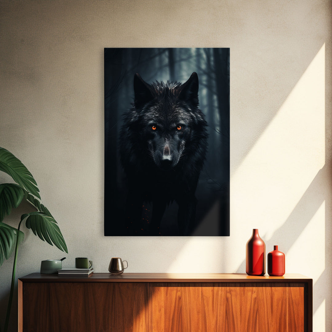 Red Eyed Wolf Print, Black Wolf On The Hunt, Framed Canvas Art