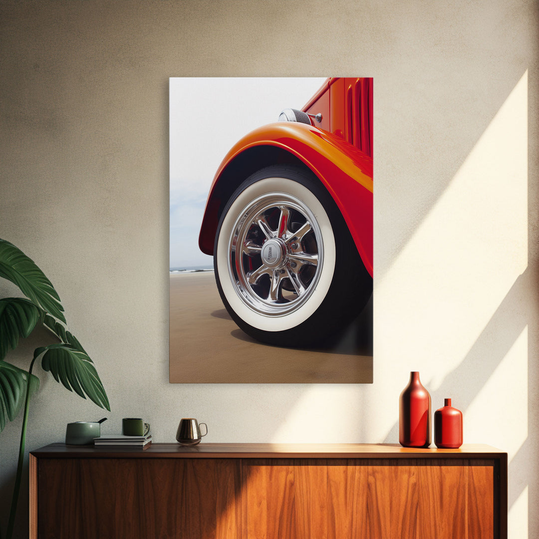 Hot Rod Art, Hot Rot Photography Print, Framed Canvas or Poster, Close Up Shot Of 1930s Hot Rod Chrome Rims, Orange Hot Rod, Gift For Him