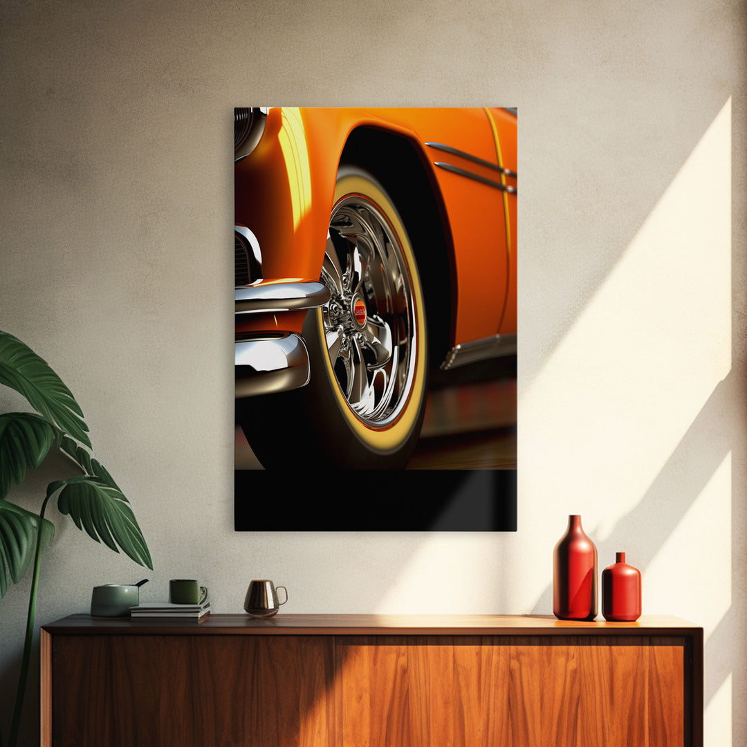 Hot Rod Art, Hot Rot Photography Print, Framed Canvas or Poster, Close Up Shot Of 1950s Hot Rod Chrome Rims, Orange Hot Rod, Gift For Him