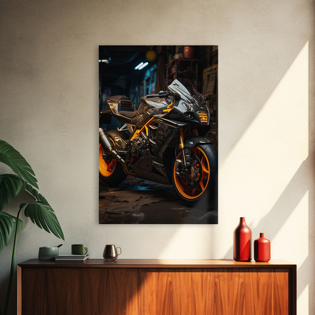 Sport Bike Wall Art, Framed Canvas Print, Futuristic Cyberpunk Motorcycle Wall Art