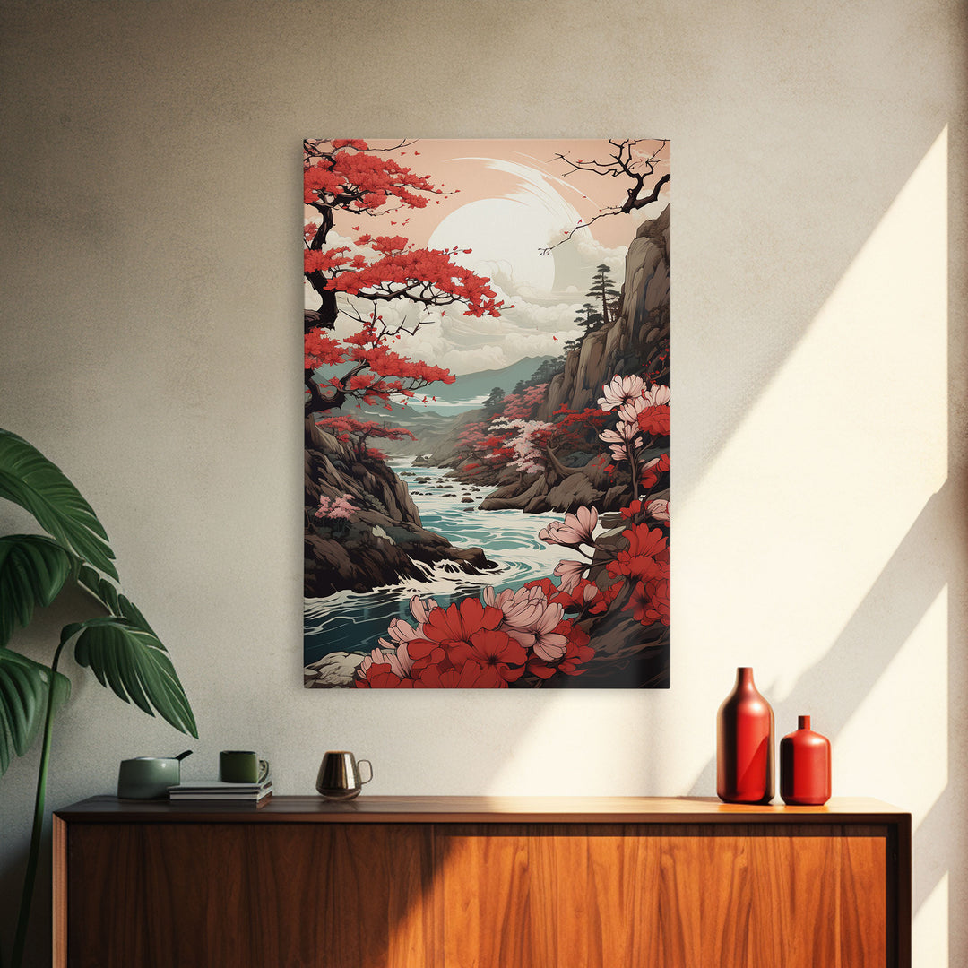 Japanese Wall Art, Japanese Maple Tree, Framed Canvas Print, Japanese Art, Japanese Hanging Wall Art, Red Maples Above A Calm Stream