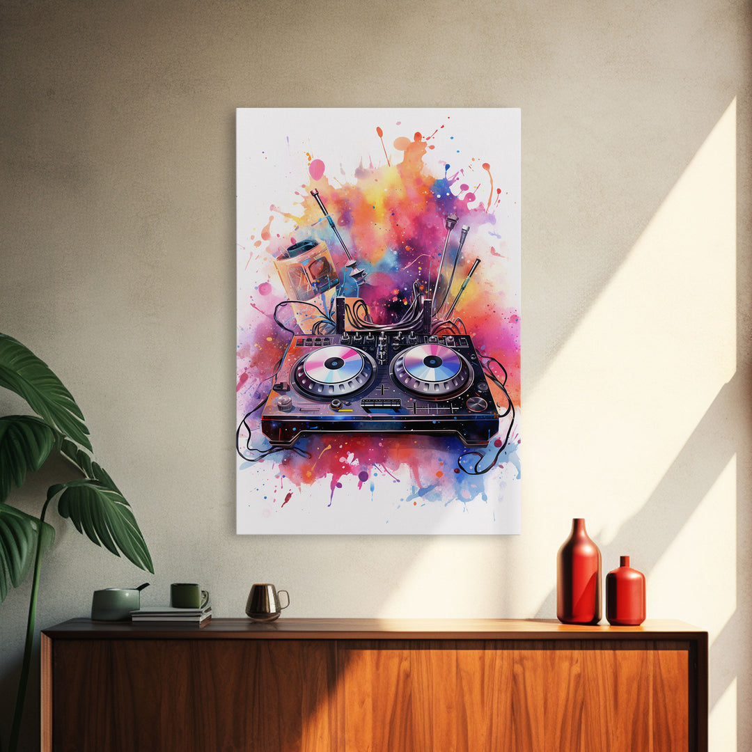 Two Turn Tables, DJ Art, Disc Jockey Decor, Music Studio Decor, Framed Canvas Print