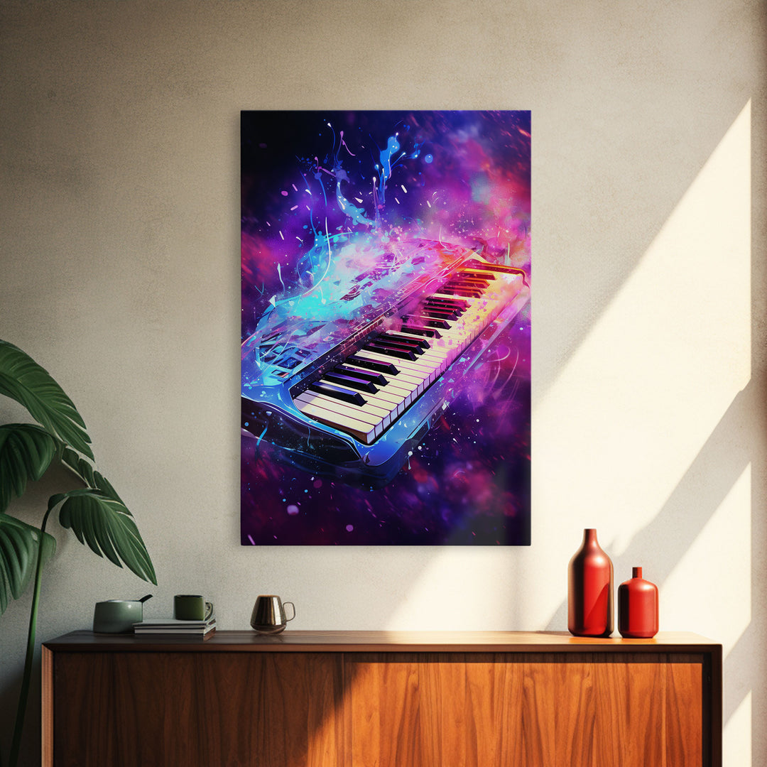 Cosmic Keyboard, Galaxy Music Art Framed Canvas Print, Electric Keyboard, Instrument Art, Studio Wall Decor