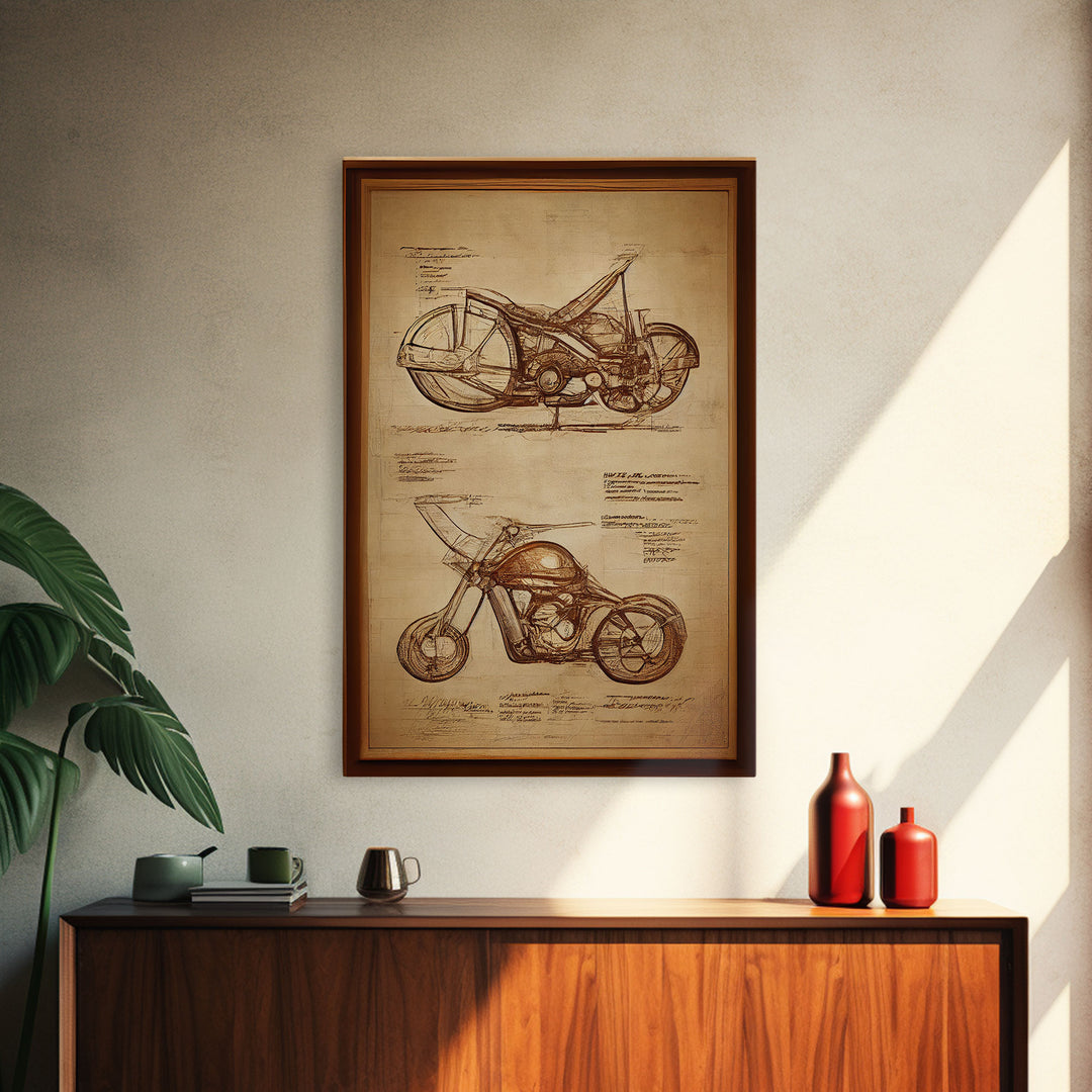 Steampunk motorcycle diagram wall art, canvas print, mancave decor, Da Vinci style diagram motorcycle art, abstract man cave art